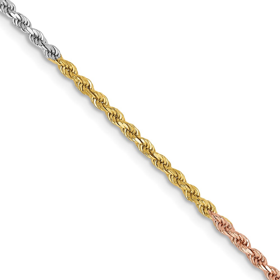 Cadena de Cuerda en Oro Tricolor de 14K, 24 Pulgadas, 1.75 mm con Corte Diamante y Broche de Langosta