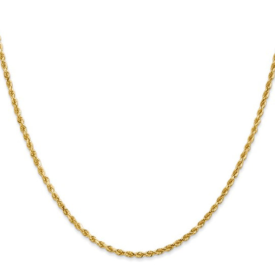 Cadena de Cuerda de 14K Oro Amarillo de 1 Pulgada y 2mm con Cierre de Langosta