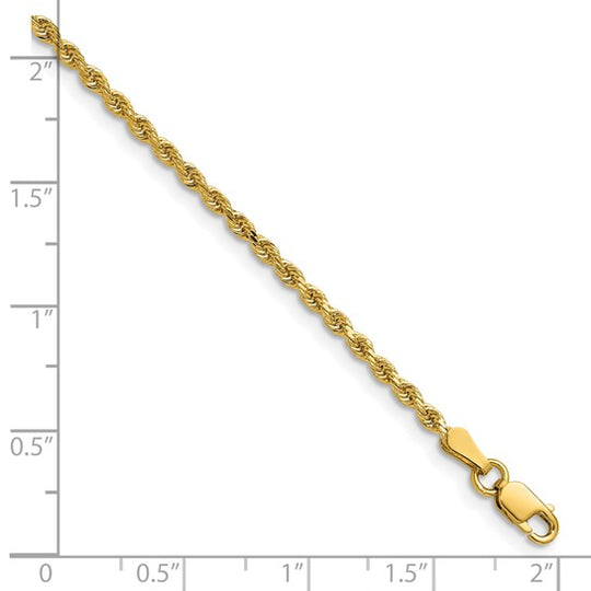 Cadena de Cuerda de 14K Oro Amarillo de 1 Pulgada y 2mm con Cierre de Langosta