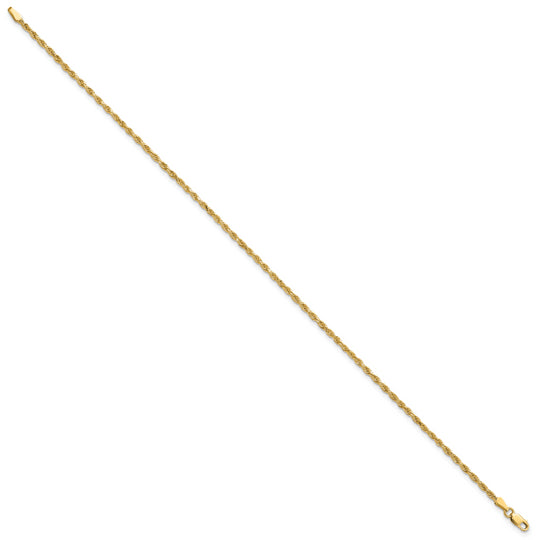 Tobillera de Oro Amarillo de 14K con Cadena de Cuerda Diamantada de 2mm y Cierre de Langosta de 10 Pulgadas
