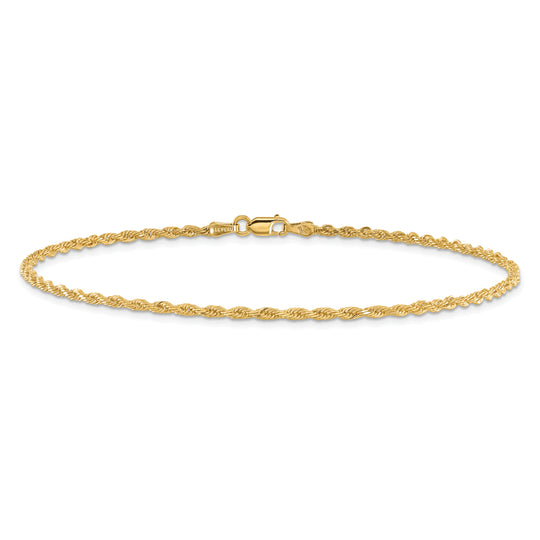 Tobillera de Oro Amarillo de 14K con Cadena de Cuerda Diamantada de 2mm y Cierre de Langosta de 10 Pulgadas