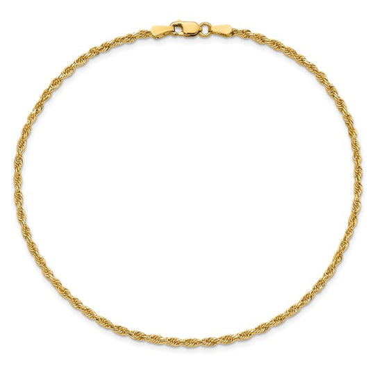 Tobillera de Oro Amarillo de 14K con Cadena de Cuerda Diamantada de 2mm y Cierre de Langosta de 10 Pulgadas