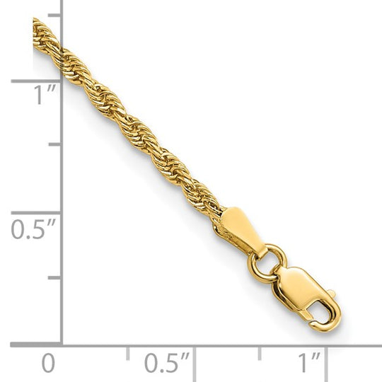 Tobillera de Oro Amarillo de 14K con Cadena de Cuerda Diamantada de 2mm y Cierre de Langosta de 10 Pulgadas