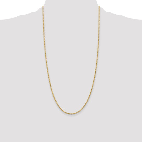 Cadena de Cuerda en Oro Amarillo de 14K, 28 Pulgadas, 2 mm con Corte Diamante y Broche de Langosta
