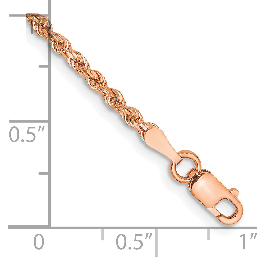 Pulsera de Cuerda en Oro Rosa de 14K, 8 pulgadas, 2 mm, Corte Diamante, con Cierre de Langosta