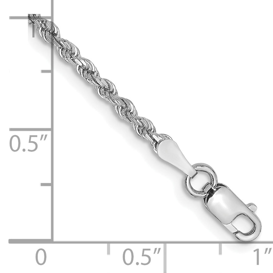 Tobillera de Cadena de Cuerda de Corte Diamante en Oro Blanco de 14K de 9 Pulgadas y 2 mm con Cierre de Langosta