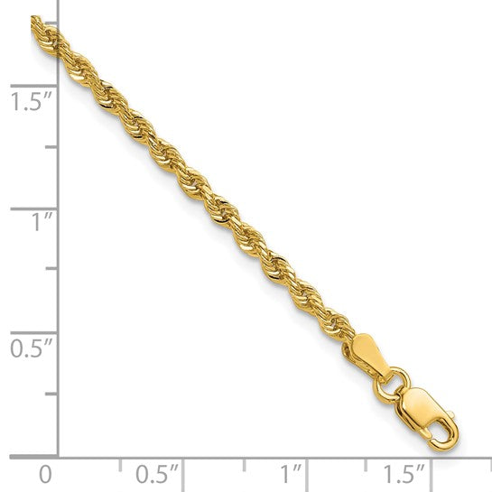 14K Tobillera de Oro Amarillo de 10 Pulgadas con Cadena Rope Cortada a Diamante y Cierre de Langosta (2.25 mm)