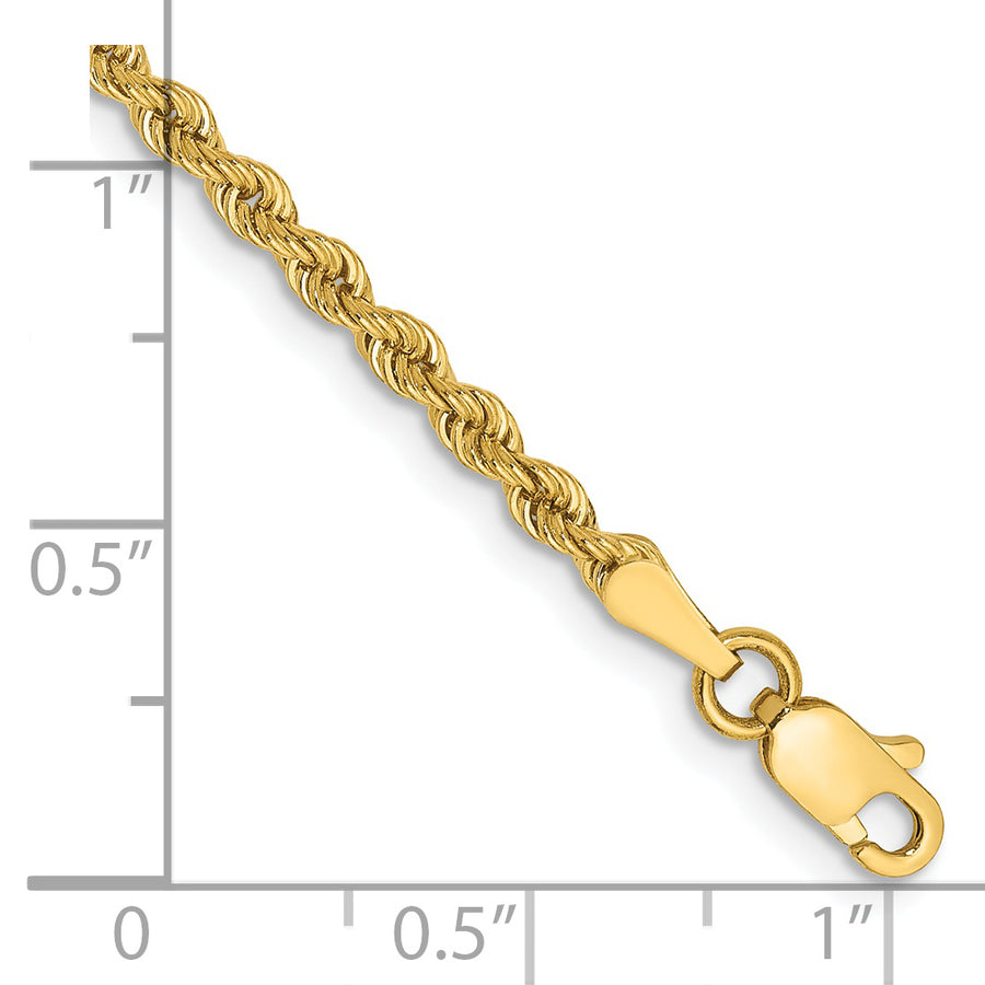 Tobillera de Oro Amarillo de 14K con Cadena Estilo Rope (Cuerda) Regular de 10 Pulgadas y Cierre de Langosta (2.5 mm)