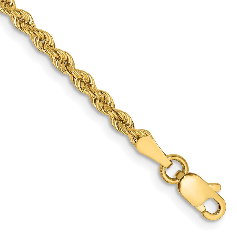 Tobillera de Oro Amarillo de 14K con Cadena Estilo Rope (Cuerda) Regular de 10 Pulgadas y Cierre de Langosta (2.5 mm)