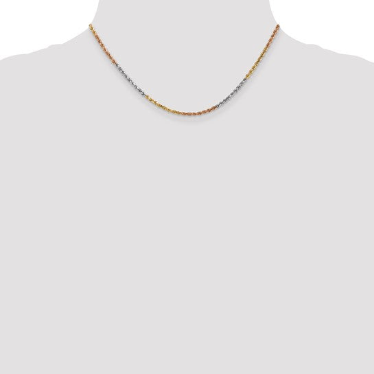 Cadena de Cuerda Tricolor con Corte Diamantado en Oro de 14K, 16 Pulgadas, 2.5 mm