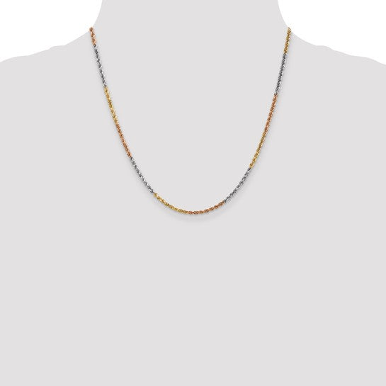 Cadena de Cuerda Tricolor de Oro de 14k con Corte Diamante y Cierre de Langosta (20 pulgadas, 2.5mm)