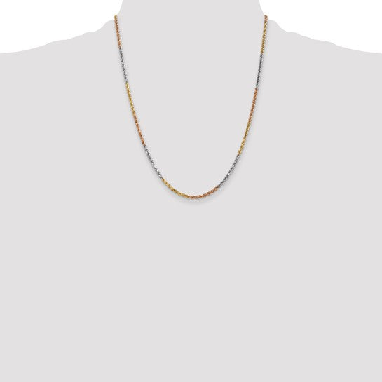 14K 22 Inch 2.5mm Diamond Cut Tri-Color Chain Necklace with Lobster Clasp