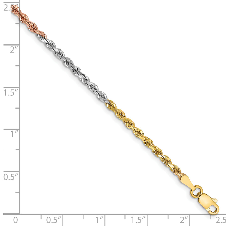 Pulsera de Cuerda Diamond-Cut de Oro Tricolor de 14K – 7 Pulgadas, 2.5 mm con Cierre Langosta