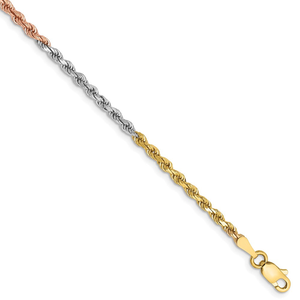 Pulsera de Oro 14k Tricolor de 8" (2.5 mm) Tipo Cuerda con Corte Diamante y Cierre Langosta