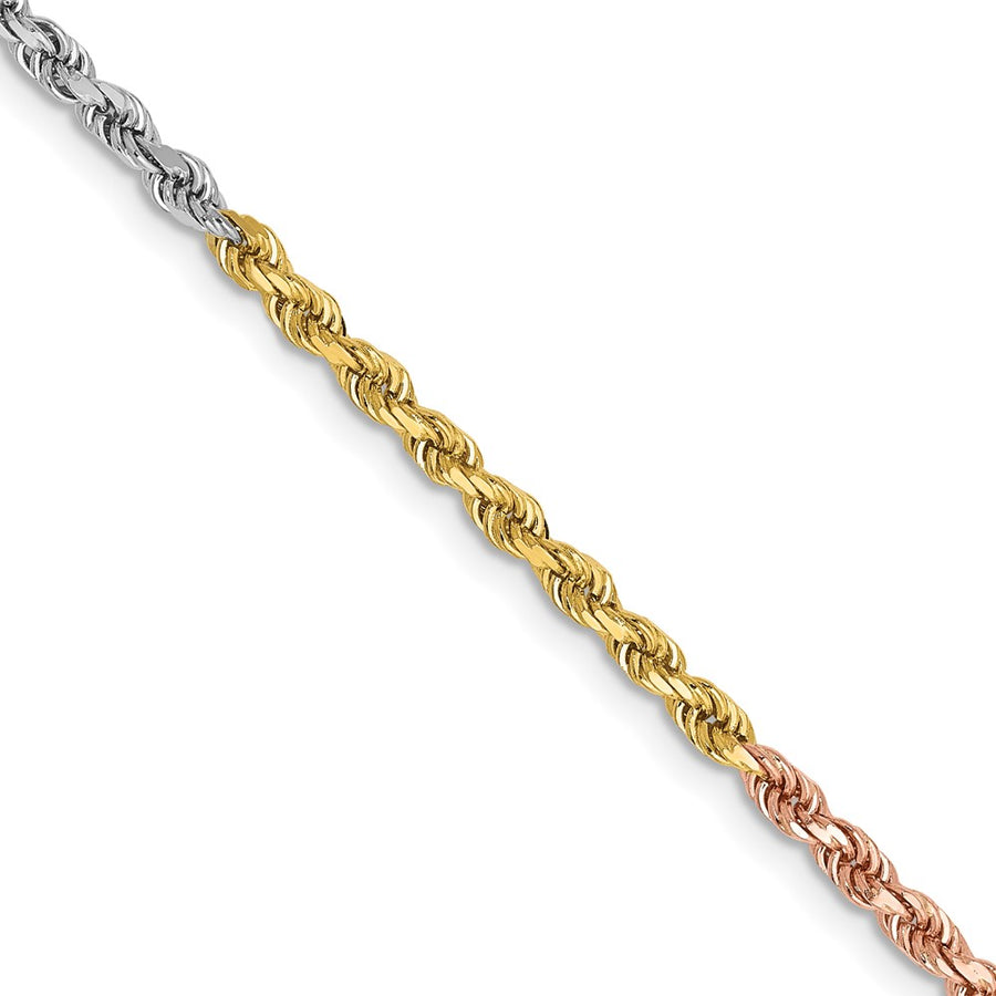 Cadena de Cuerda Tricolor con Corte Diamantado en Oro de 14K, 16 Pulgadas, 2.5 mm