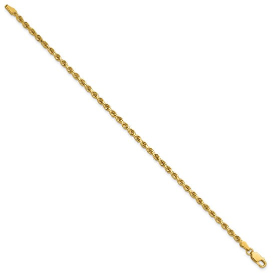 Tobillera de Cadena de Cuerda de Oro Amarillo de 14K de 9 Pulgadas y 2.75 mm con Broche de Langosta y Corte de Diamante
