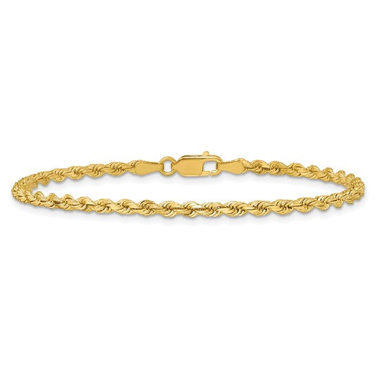 Tobillera de Cadena de Cuerda de Oro Amarillo de 14K de 9 Pulgadas y 2.75 mm con Broche de Langosta y Corte de Diamante