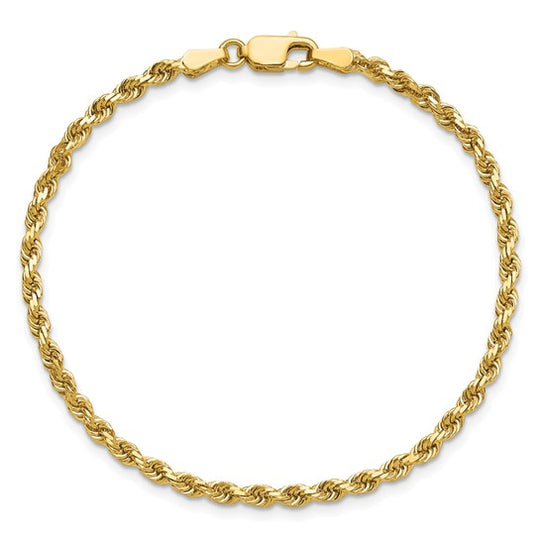 Tobillera de Cadena de Cuerda de Oro Amarillo de 14K de 9 Pulgadas y 2.75 mm con Broche de Langosta y Corte de Diamante