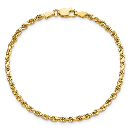 Tobillera de Cadena de Cuerda de Oro Amarillo de 14K de 9 Pulgadas y 2.75 mm con Broche de Langosta y Corte de Diamante