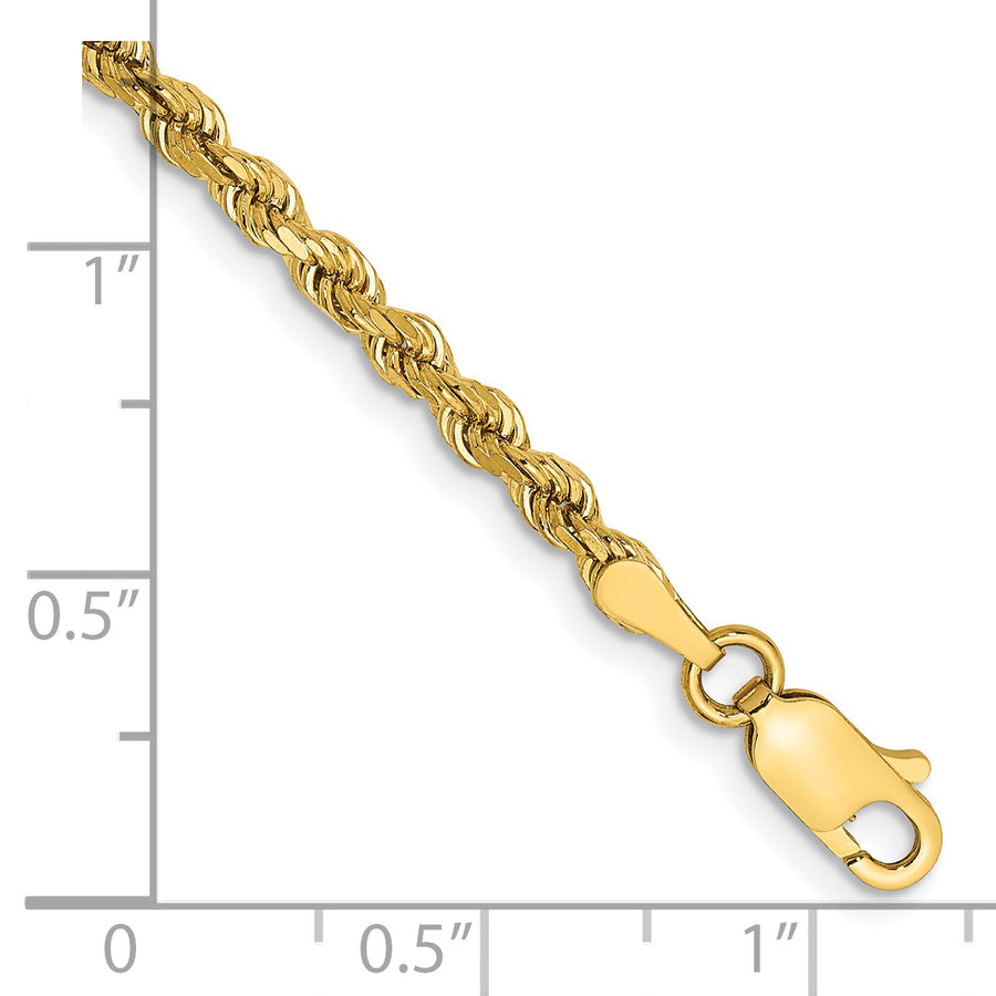 Tobillera de Cadena de Cuerda de Oro Amarillo de 14K de 9 Pulgadas y 2.75 mm con Broche de Langosta y Corte de Diamante