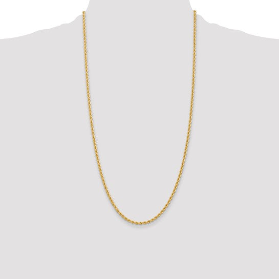 Cadena de Cuerda de Oro Amarillo de 14K – 28 Pulgadas, 2.75 mm con Cierre Langosta