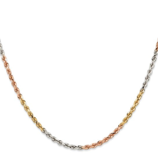 Cadena de Oro Tri-Color de 14K, 20 Pulgadas, 2.9 mm, Estilo Cuerda con Corte Diamante y Cierre de Langosta