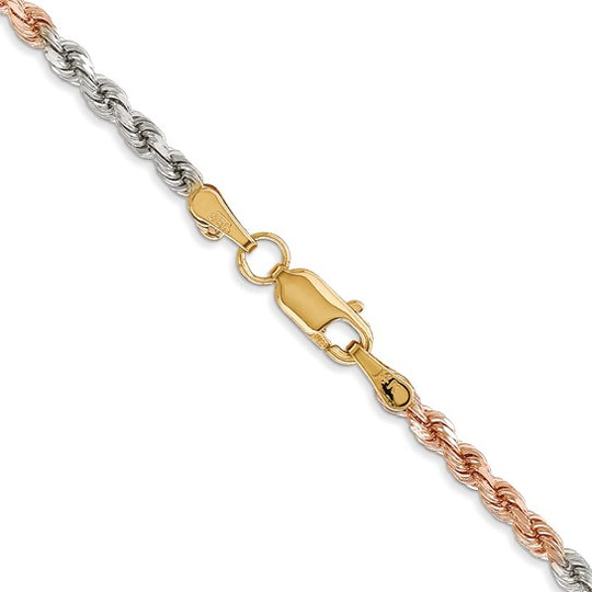 Cadena de Cuerda Tri-Color con Corte Diamantado de 14k, 16 pulgadas, 2.9 mm con Cierre de Langosta