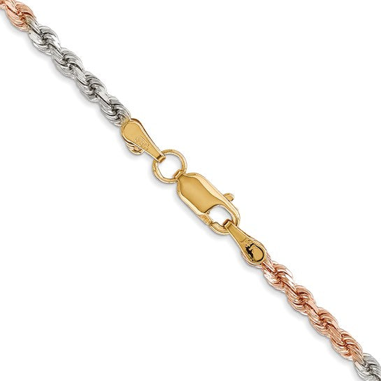 Cadena de Oro Tri-Color de 14K, 20 Pulgadas, 2.9 mm, Estilo Cuerda con Corte Diamante y Cierre de Langosta