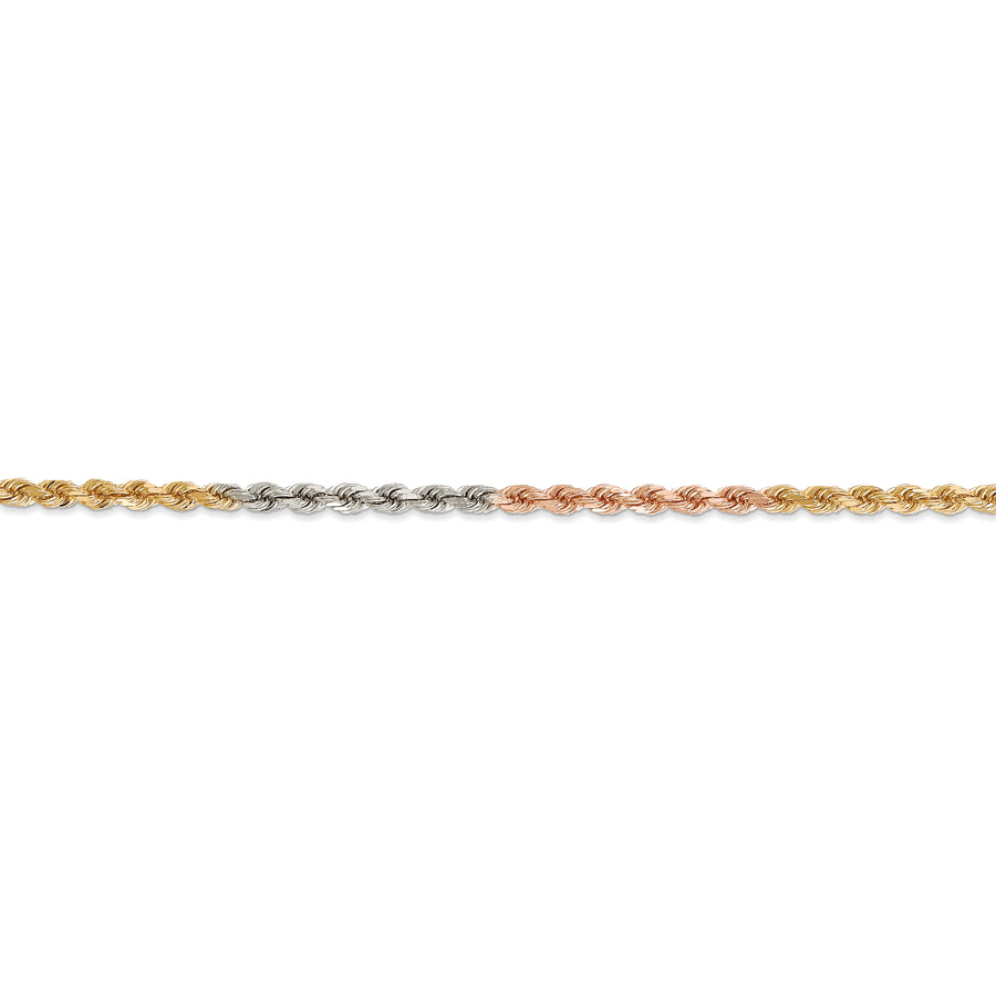 Cadena de Cuerda en Oro Tricolor de 14K, 18 Pulgadas, 2.9 mm con Corte Diamante y Broche de Langosta