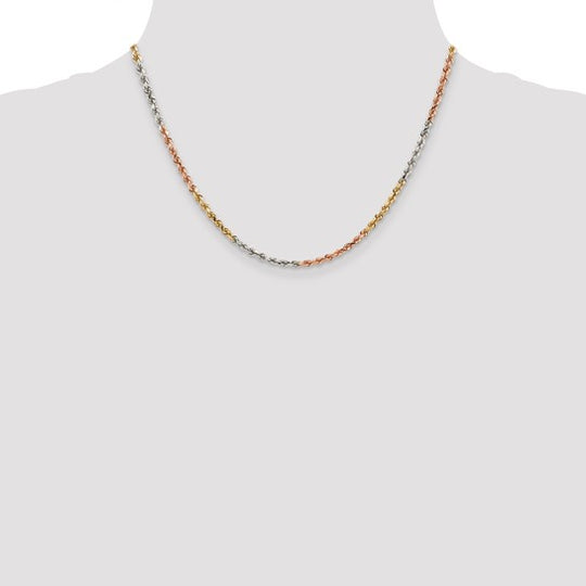 14K Tri-Color Gold Rope Chain, 18 Inches, 2.9 mm Diamond Cut with Lobster Clasp
