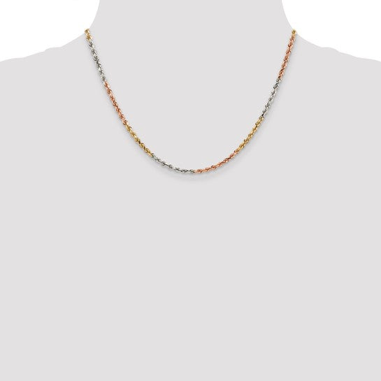 Cadena de Cuerda en Oro Tricolor de 14K, 18 Pulgadas, 2.9 mm con Corte Diamante y Broche de Langosta