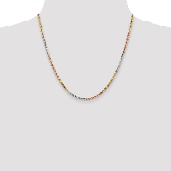 Cadena de Oro Tri-Color de 14K, 20 Pulgadas, 2.9 mm, Estilo Cuerda con Corte Diamante y Cierre de Langosta