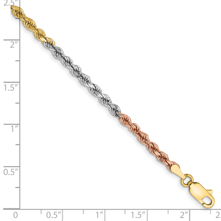 Pulsera de Cuerda de 14K Tricolor de 8 Pulgadas y 2.9 mm con Cierre de Langosta