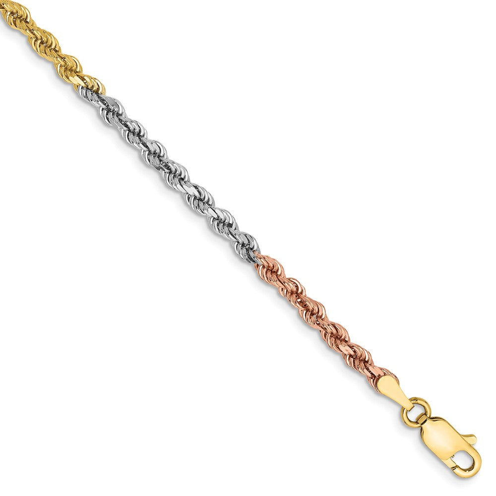 Pulsera de Cuerda de 14k Oro Tricolor de 2.9mm y 7 Pulgadas con Cierre de Langosta