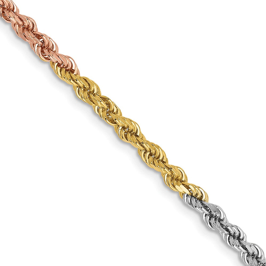Cadena de Oro Tri-Color de 14K, 20 Pulgadas, 2.9 mm, Estilo Cuerda con Corte Diamante y Cierre de Langosta