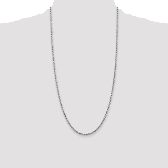 Cadena de Oro Blanco 14K de 30 Pulgadas y 2.75mm de Grosor Tipo Cuerda con Corte Diamantado y Cierre de Langosta