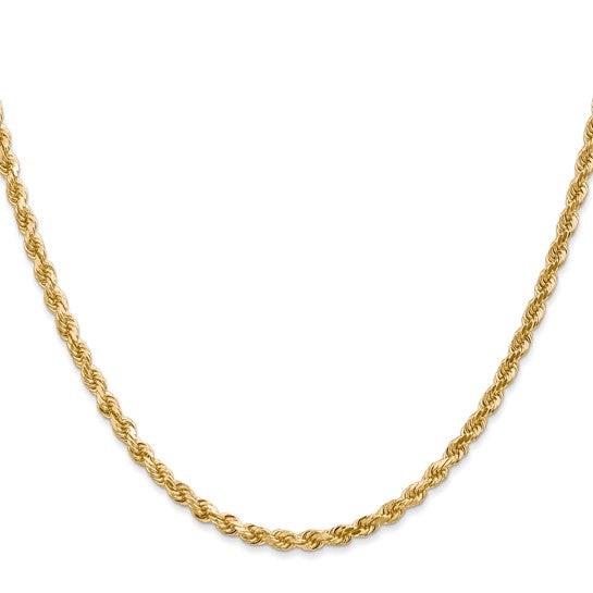 Cadena de Oro Amarillo de 14K — 30 pulgadas, 3 mm, Estilo Cuerda con Corte Diamante y Cierre de Langosta