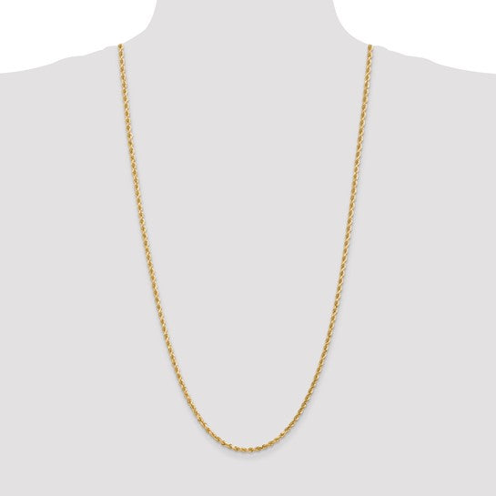Cadena de Oro Amarillo de 14K — 30 pulgadas, 3 mm, Estilo Cuerda con Corte Diamante y Cierre de Langosta