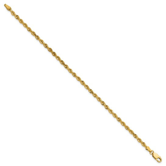 Cadena Rope de Oro Amarillo 14K, 7 pulgadas, 3 mm, Corte Diamante con Cierre Langosta