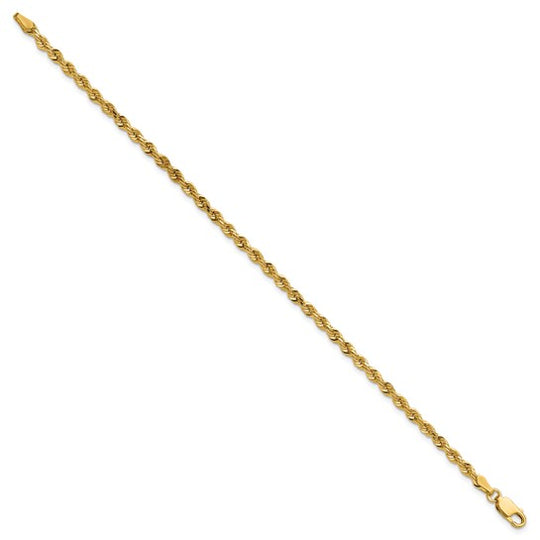 Cadena Rope de Oro Amarillo 14K, 7 pulgadas, 3 mm, Corte Diamante con Cierre Langosta