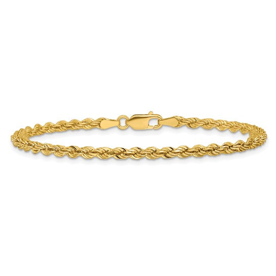 14K Tobillera de Oro Amarillo de 9 Pulgadas con Cadena Rope Cortada a Diamante y Cierre de Langosta (3 mm)