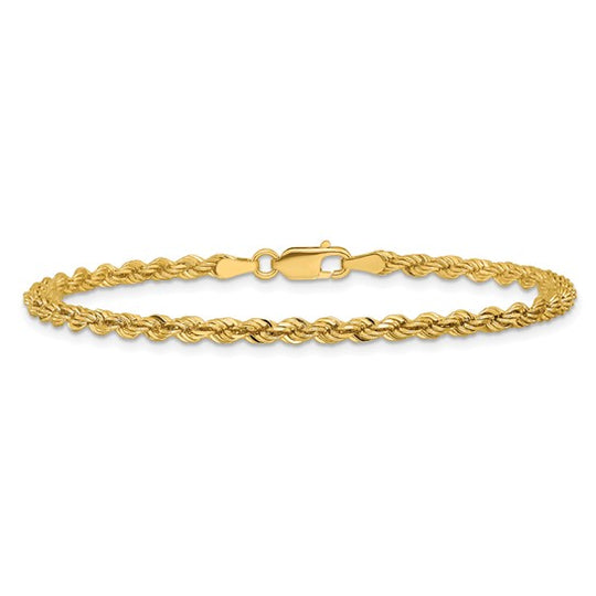 Cadena Rope de Oro Amarillo 14K, 7 pulgadas, 3 mm, Corte Diamante con Cierre Langosta