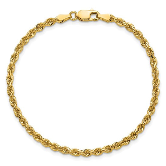 Cadena Rope de Oro Amarillo 14K, 7 pulgadas, 3 mm, Corte Diamante con Cierre Langosta