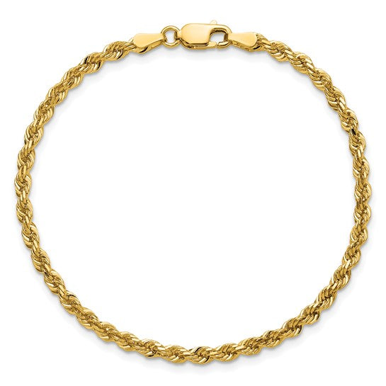 Cadena Rope de Oro Amarillo 14K, 7 pulgadas, 3 mm, Corte Diamante con Cierre Langosta