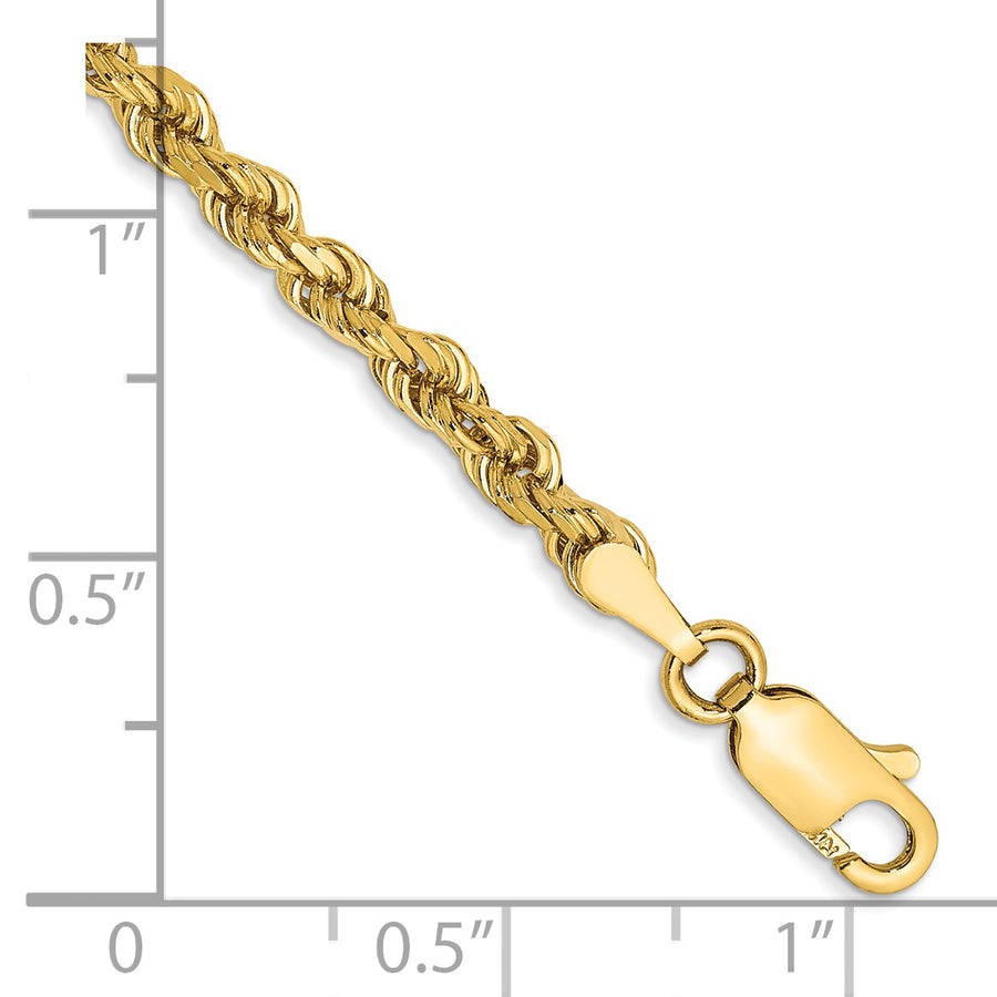 14K Tobillera de Oro Amarillo de 9 Pulgadas con Cadena Rope Cortada a Diamante y Cierre de Langosta (3 mm)