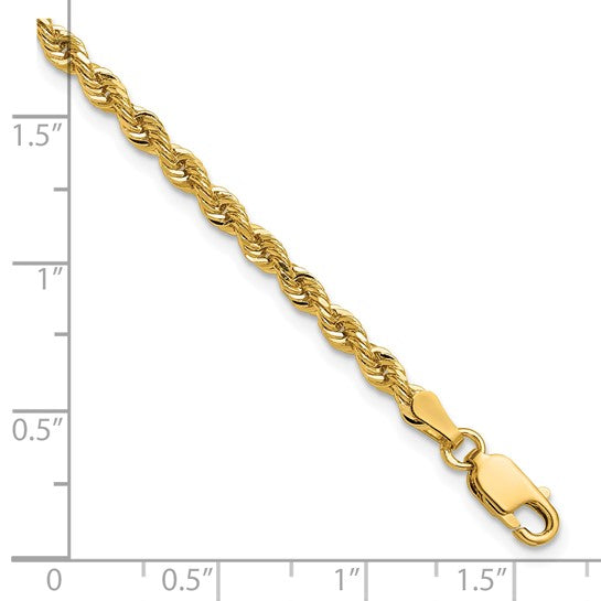 Cadena Rope de Oro Amarillo 14K, 7 pulgadas, 3 mm, Corte Diamante con Cierre Langosta