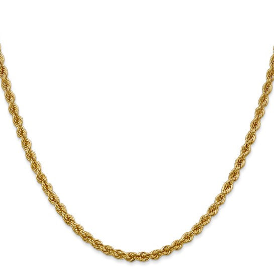 Cadena de Cuerda Regular en Oro Amarillo de 14k, 30 Pulgadas, 3 mm, con Broche Langosta