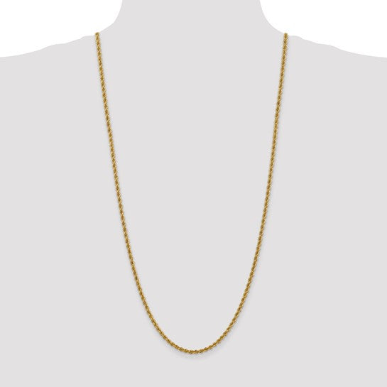 Cadena de Cuerda Regular en Oro Amarillo de 14k, 30 Pulgadas, 3 mm, con Broche Langosta