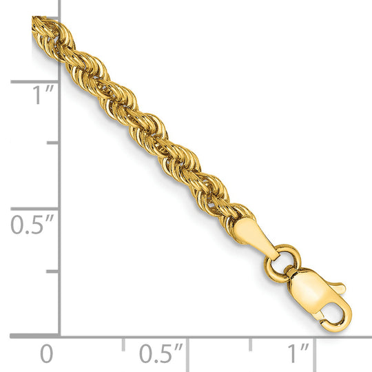 Pulsera de Oro Amarillo 14K Rope de 8” y 3 mm con Cierre Langosta