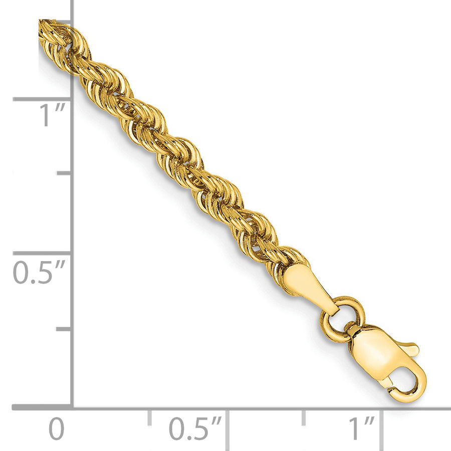 Anklet de Oro Amarillo de 14K de 9 Pulgadas y 3 mm con Cadena de Cuerda Regular y Cierre de Langosta